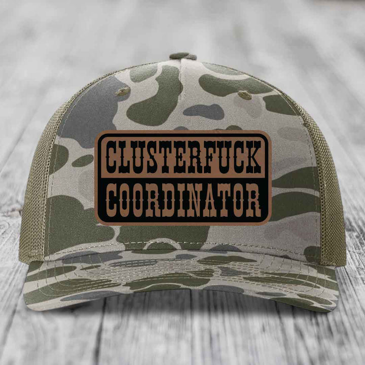 Cluster F*ck Coordinator - Leather Patch Hat - Dark Brown to Black Patch - Richardson 112PFP Snapback Trucker Hat