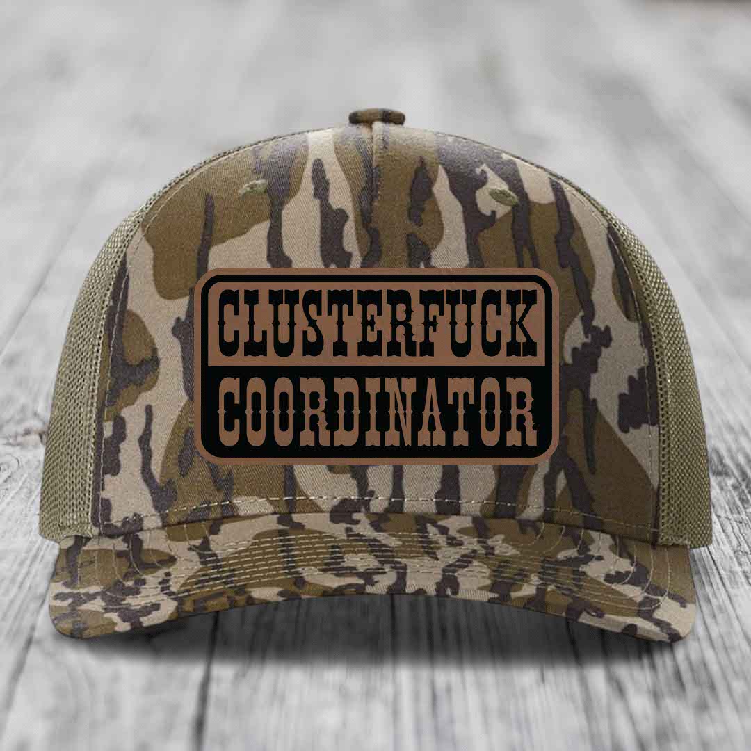 Cluster F*ck Coordinator - Leather Patch Hat - Dark Brown to Black Patch - Richardson 112PFP Snapback Trucker Hat