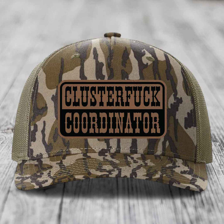 Cluster F*ck Coordinator - Leather Patch Hat - Dark Brown to Black Patch - Richardson 112PFP Snapback Trucker Hat