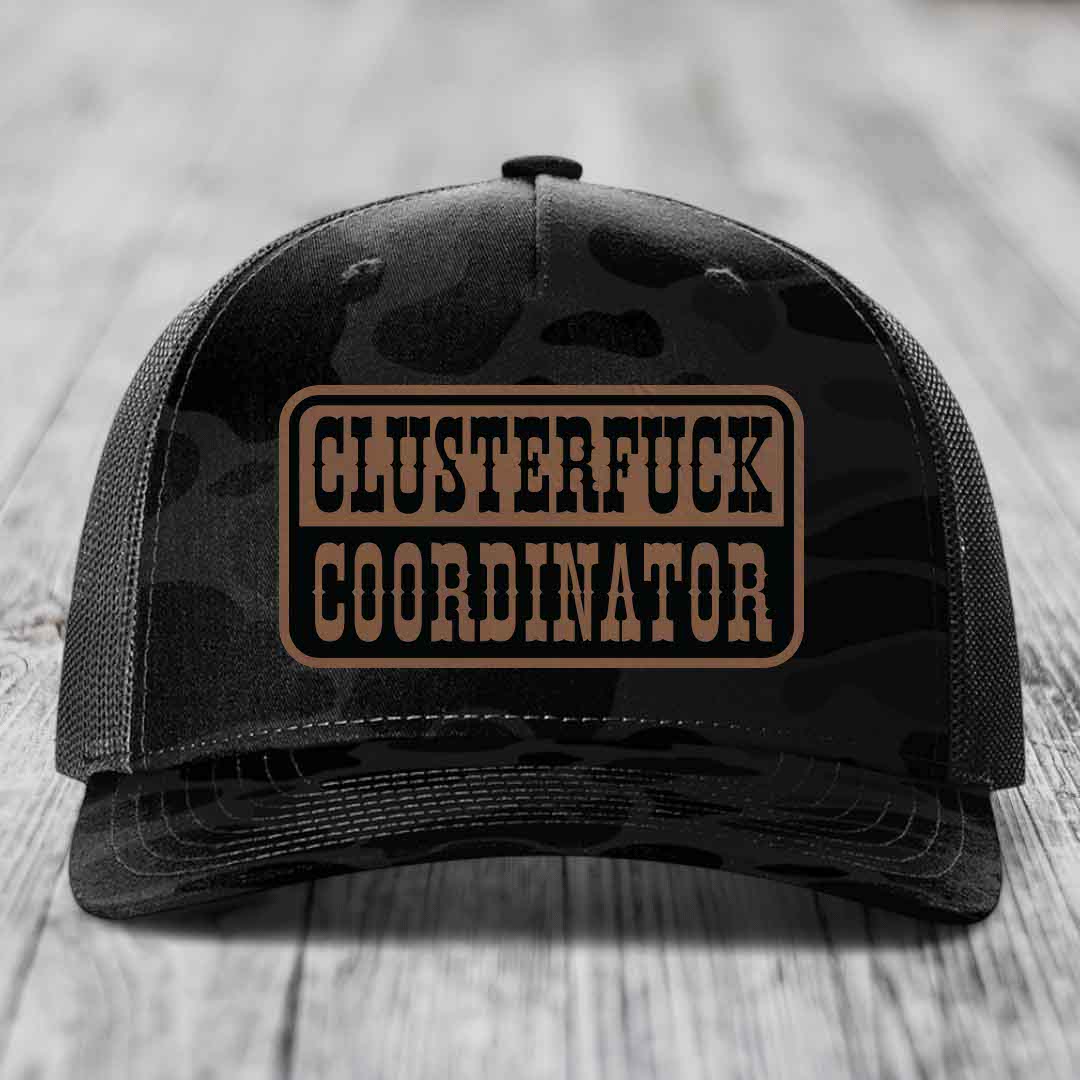 Cluster F*ck Coordinator - Leather Patch Hat - Dark Brown to Black Patch - Richardson 112PFP Snapback Trucker Hat