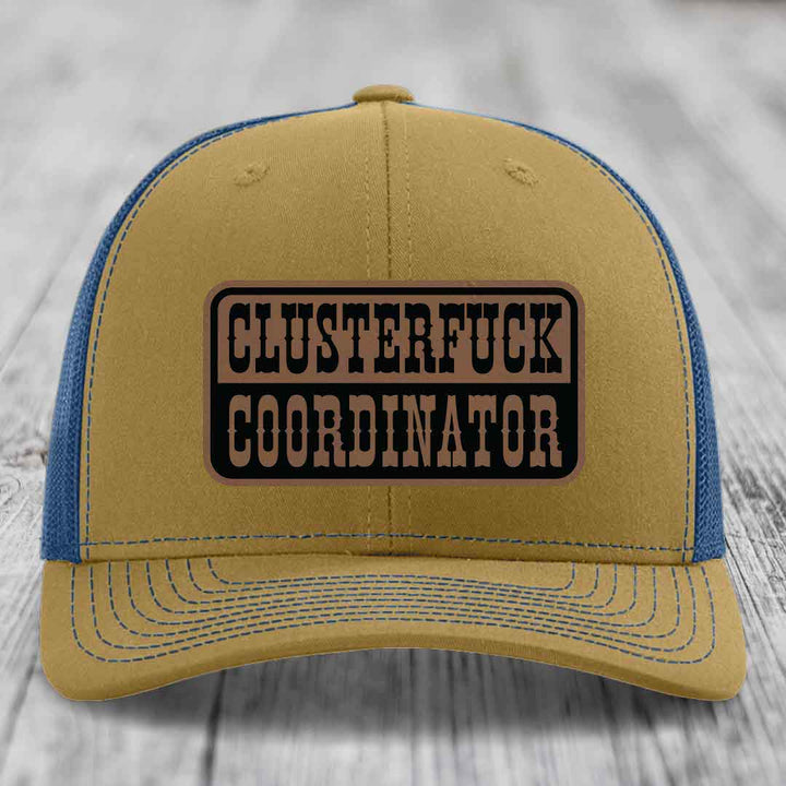 Cluster F*ck Coordinator - Leather Patch Hat - Dark Brown to Black Patch - Richardson 112 Snapback Trucker Hat