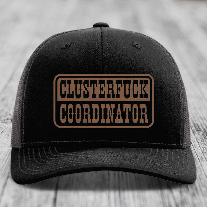 Cluster F*ck Coordinator - Leather Patch Hat - Dark Brown to Black Patch - Richardson 112 Snapback Trucker Hat