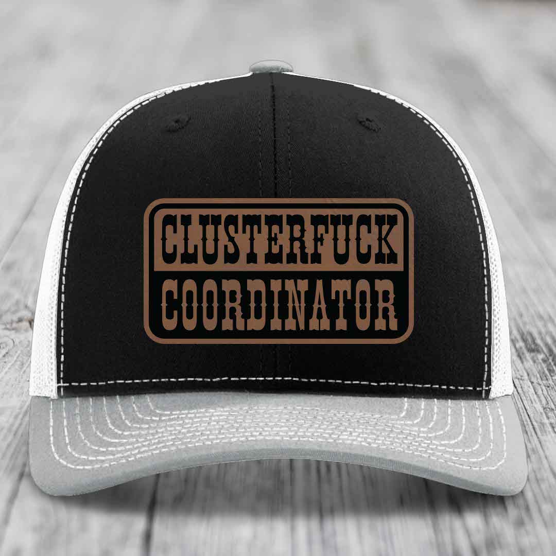 Cluster F*ck Coordinator - Leather Patch Hat - Dark Brown to Black Patch - Richardson 112 Snapback Trucker Hat