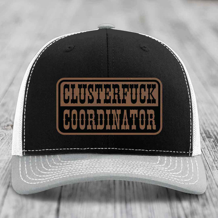 Cluster F*ck Coordinator - Leather Patch Hat - Dark Brown to Black Patch - Richardson 112 Snapback Trucker Hat
