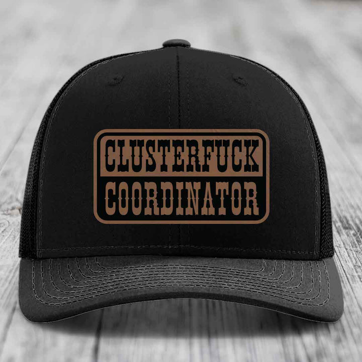 Cluster F*ck Coordinator - Leather Patch Hat - Dark Brown to Black Patch - Richardson 112 Snapback Trucker Hat