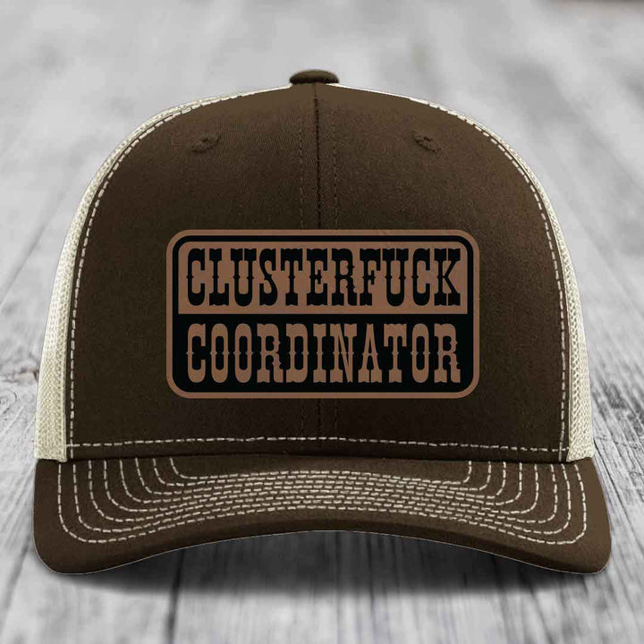 Cluster F*ck Coordinator - Leather Patch Hat - Dark Brown to Black Patch - Richardson 112 Snapback Trucker Hat
