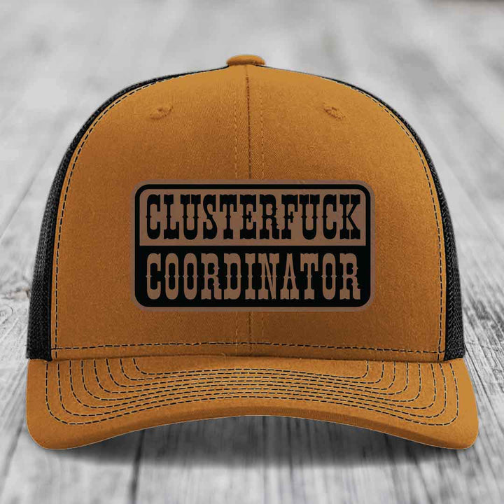 Cluster F*ck Coordinator - Leather Patch Hat - Dark Brown to Black Patch - Richardson 112 Snapback Trucker Hat