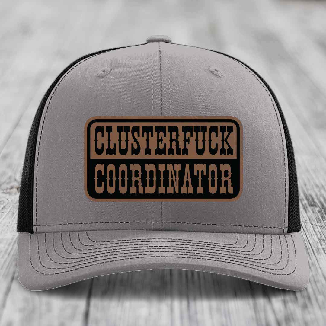 Cluster F*ck Coordinator - Leather Patch Hat - Dark Brown to Black Patch - Richardson 112 Snapback Trucker Hat