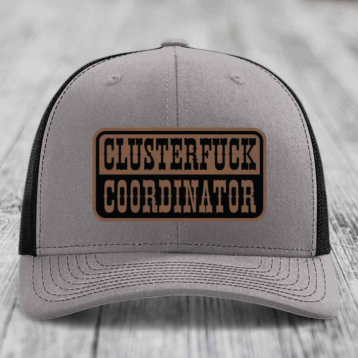 Cluster F*ck Coordinator - Leather Patch Hat - Dark Brown to Black Patch - Richardson 112 Snapback Trucker Hat