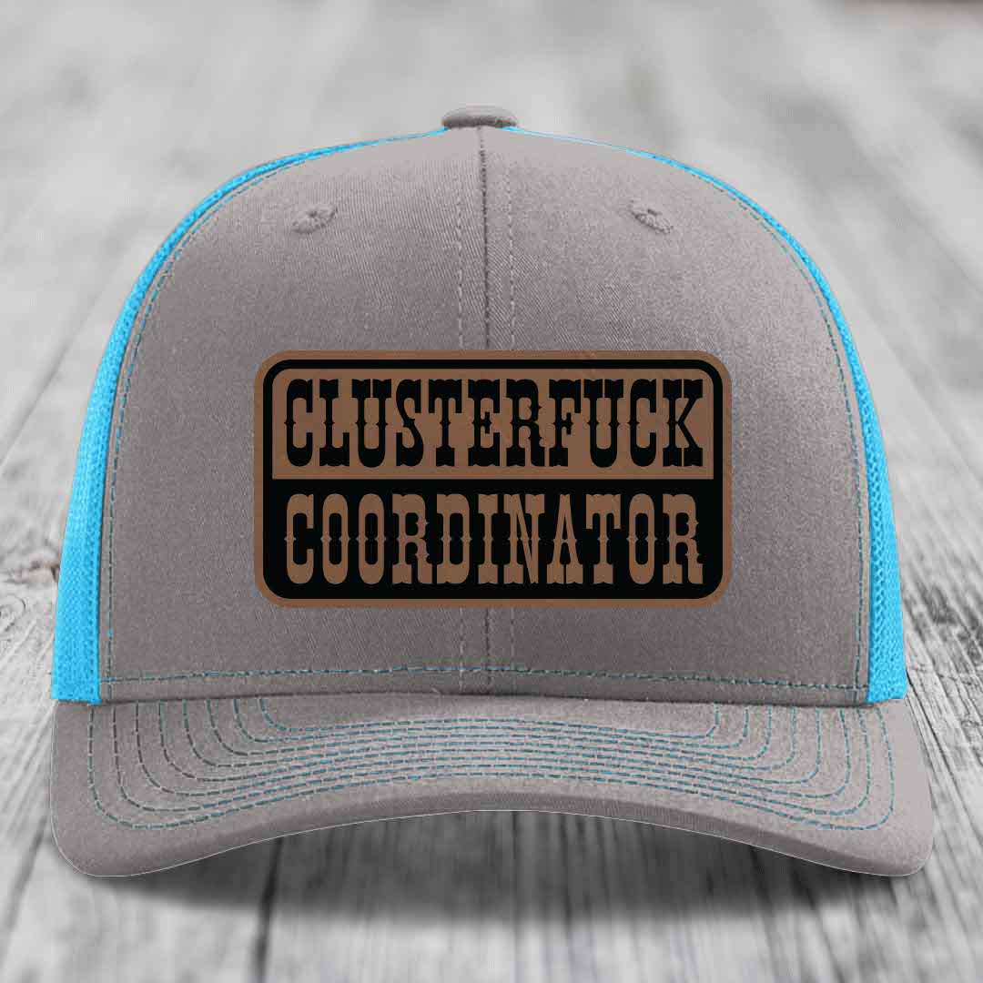 Cluster F*ck Coordinator - Leather Patch Hat - Dark Brown to Black Patch - Richardson 112 Snapback Trucker Hat