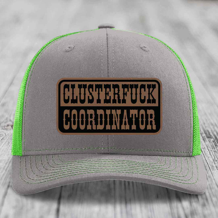 Cluster F*ck Coordinator - Leather Patch Hat - Dark Brown to Black Patch - Richardson 112 Snapback Trucker Hat