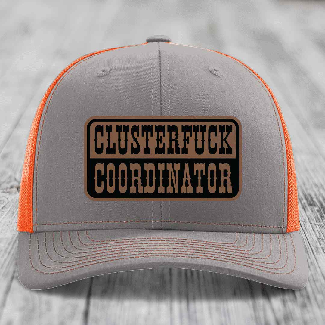 Cluster F*ck Coordinator - Leather Patch Hat - Dark Brown to Black Patch - Richardson 112 Snapback Trucker Hat
