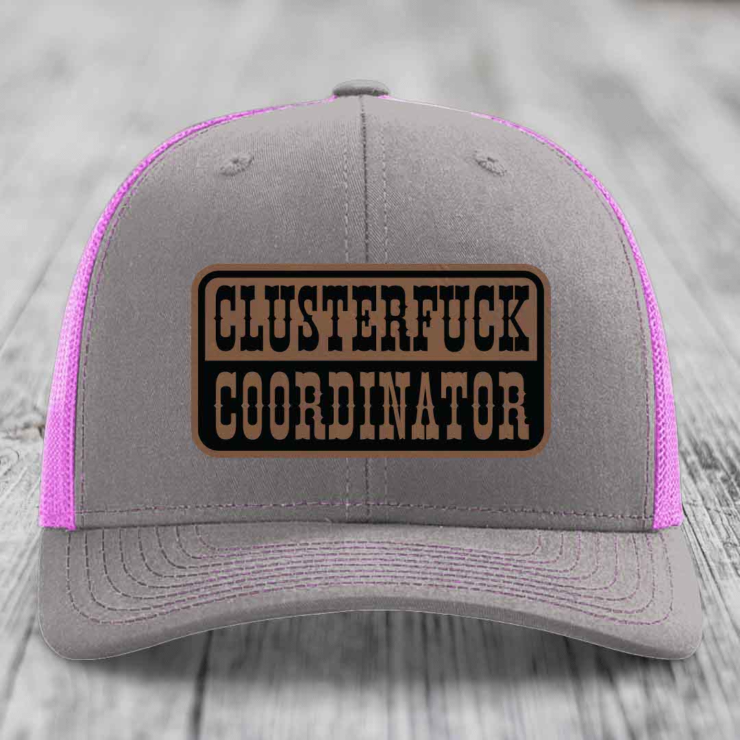 Cluster F*ck Coordinator - Leather Patch Hat - Dark Brown to Black Patch - Richardson 112 Snapback Trucker Hat