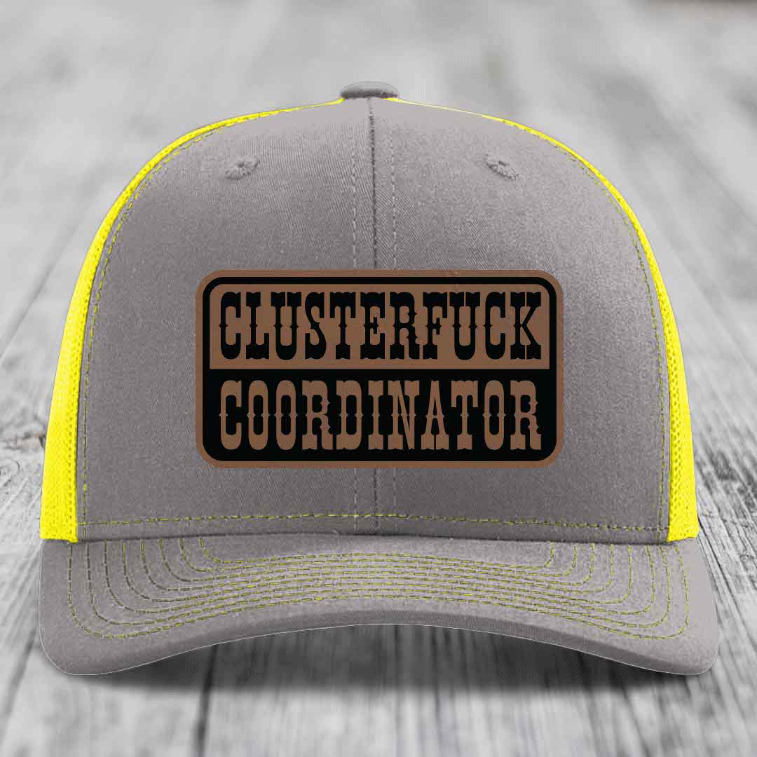 Cluster F*ck Coordinator - Leather Patch Hat - Dark Brown to Black Patch - Richardson 112 Snapback Trucker Hat