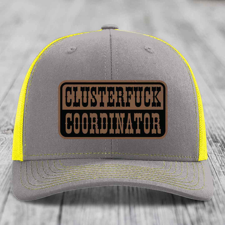 Cluster F*ck Coordinator - Leather Patch Hat - Dark Brown to Black Patch - Richardson 112 Snapback Trucker Hat