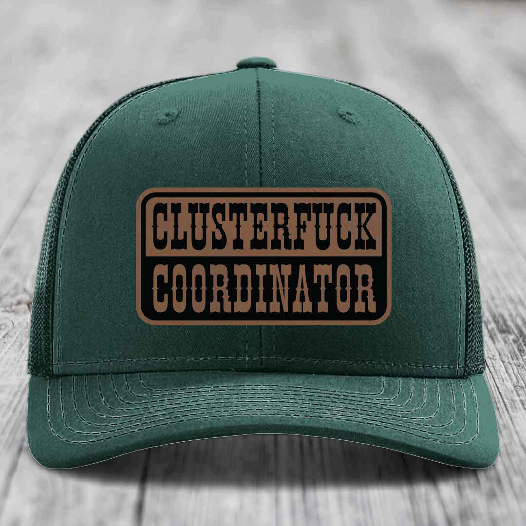 Cluster F*ck Coordinator - Leather Patch Hat - Dark Brown to Black Patch - Richardson 112 Snapback Trucker Hat