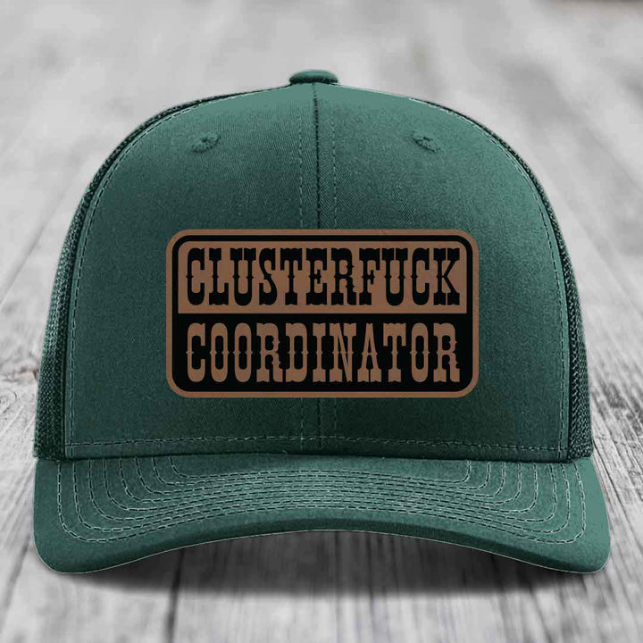 Cluster F*ck Coordinator - Leather Patch Hat - Dark Brown to Black Patch - Richardson 112 Snapback Trucker Hat