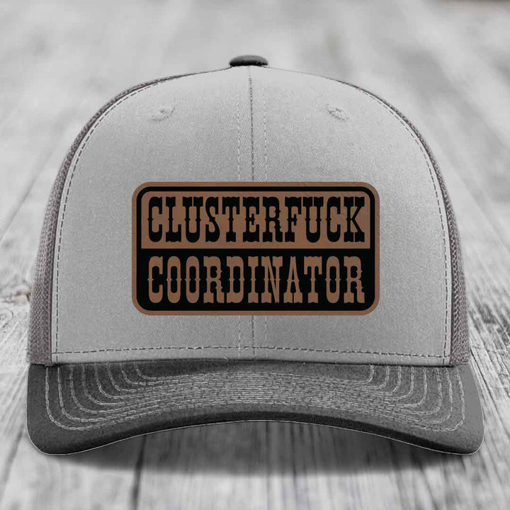 Cluster F*ck Coordinator - Leather Patch Hat - Dark Brown to Black Patch - Richardson 112 Snapback Trucker Hat