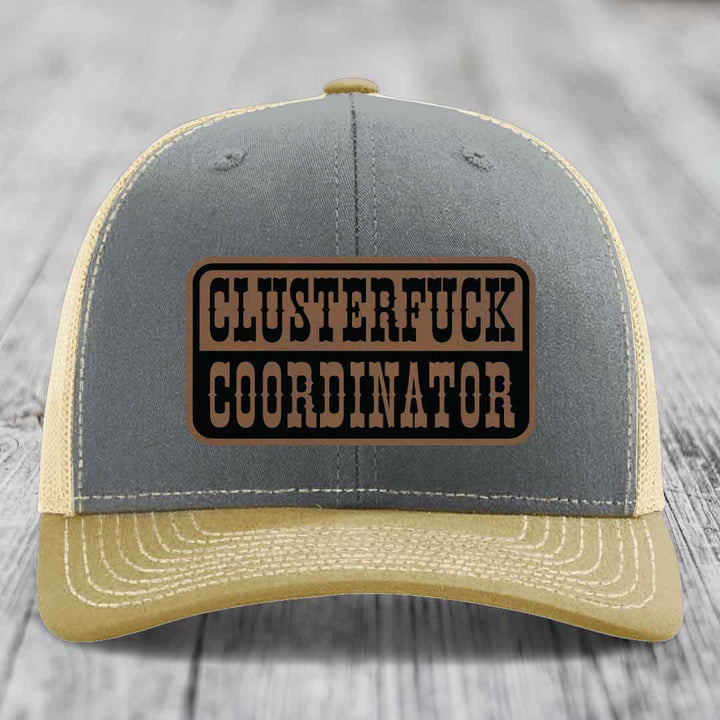 Cluster F*ck Coordinator - Leather Patch Hat - Dark Brown to Black Patch - Richardson 112 Snapback Trucker Hat