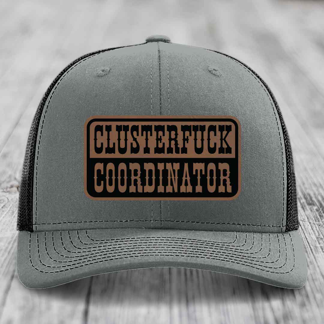 Cluster F*ck Coordinator - Leather Patch Hat - Dark Brown to Black Patch - Richardson 112 Snapback Trucker Hat