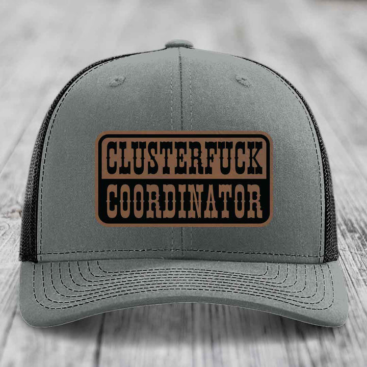 Cluster F*ck Coordinator - Leather Patch Hat - Dark Brown to Black Patch - Richardson 112 Snapback Trucker Hat