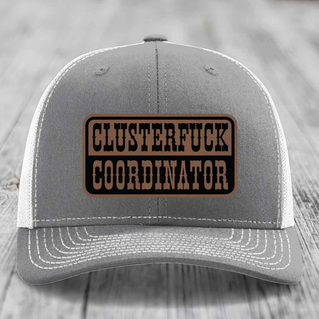 Cluster F*ck Coordinator - Leather Patch Hat - Dark Brown to Black Patch - Richardson 112 Snapback Trucker Hat
