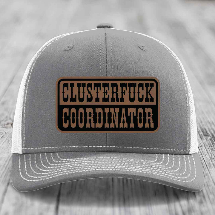 Cluster F*ck Coordinator - Leather Patch Hat - Dark Brown to Black Patch - Richardson 112 Snapback Trucker Hat