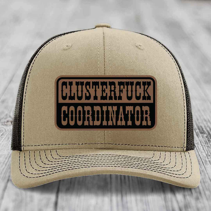 Cluster F*ck Coordinator - Leather Patch Hat - Dark Brown to Black Patch - Richardson 112 Snapback Trucker Hat