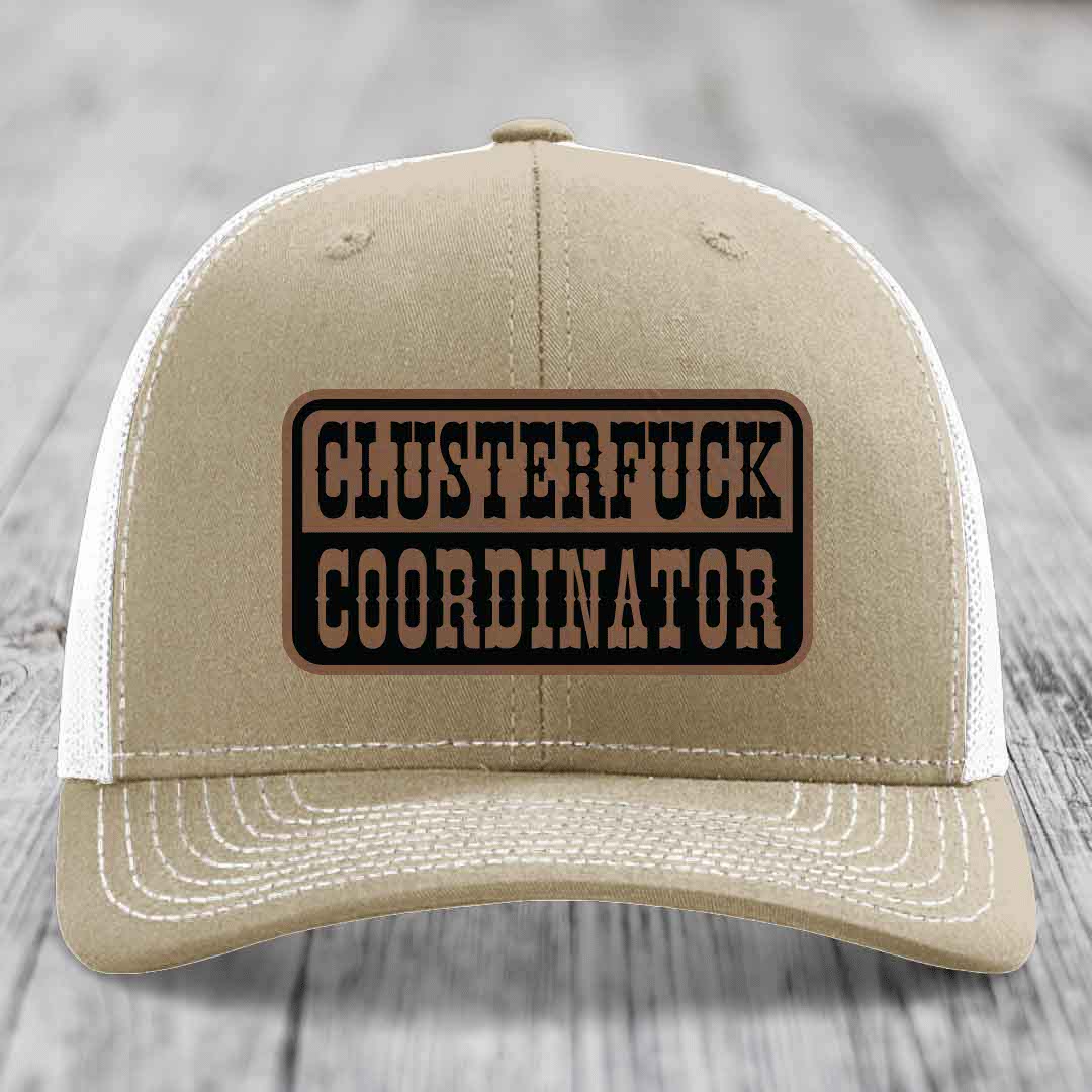 Cluster F*ck Coordinator - Leather Patch Hat - Dark Brown to Black Patch - Richardson 112 Snapback Trucker Hat