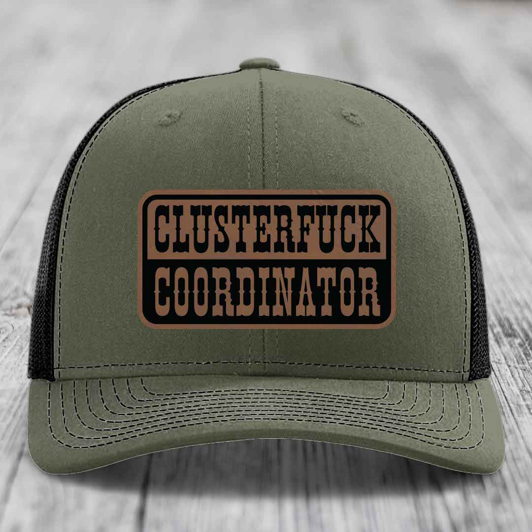 Cluster F*ck Coordinator - Leather Patch Hat - Dark Brown to Black Patch - Richardson 112 Snapback Trucker Hat