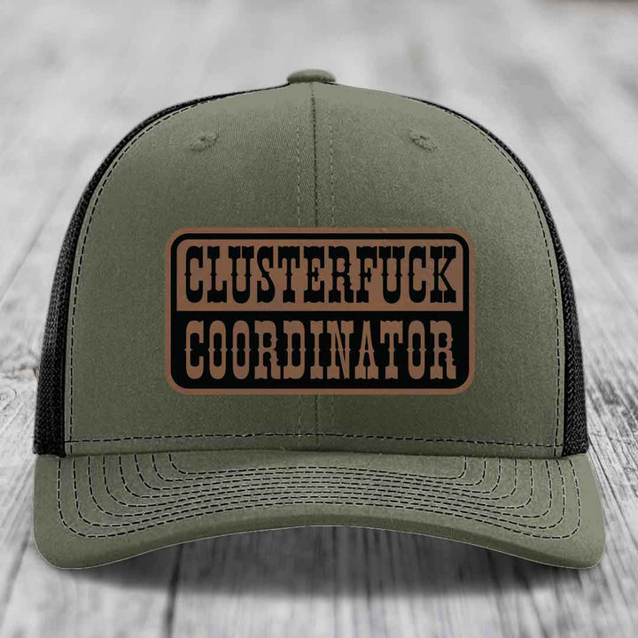 Cluster F*ck Coordinator - Leather Patch Hat - Dark Brown to Black Patch - Richardson 112 Snapback Trucker Hat