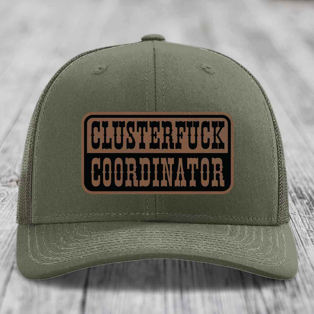Cluster F*ck Coordinator - Leather Patch Hat - Dark Brown to Black Patch - Richardson 112 Snapback Trucker Hat