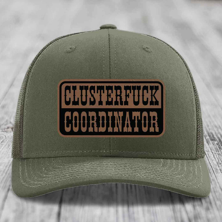 Cluster F*ck Coordinator - Leather Patch Hat - Dark Brown to Black Patch - Richardson 112 Snapback Trucker Hat