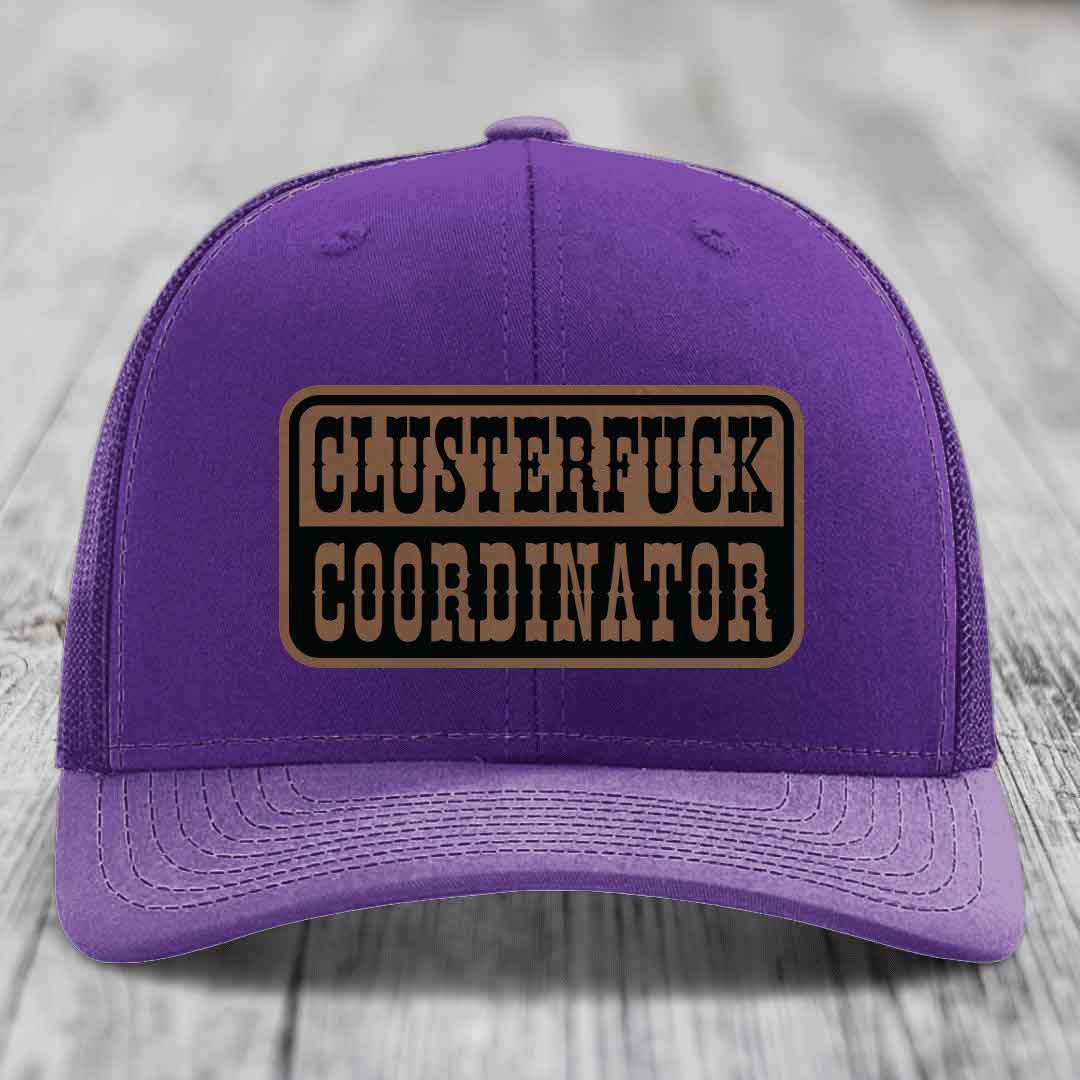 Cluster F*ck Coordinator - Leather Patch Hat - Dark Brown to Black Patch - Richardson 112 Snapback Trucker Hat