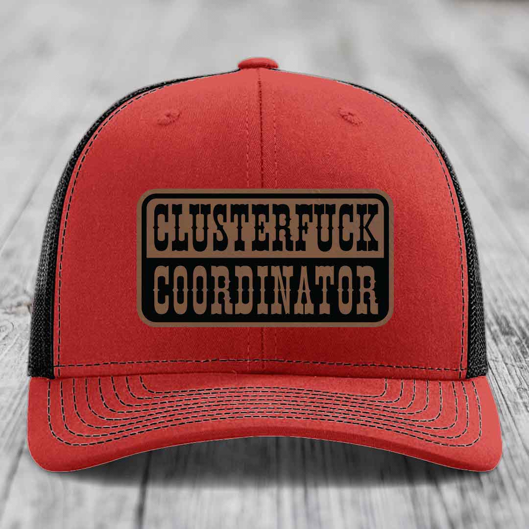 Cluster F*ck Coordinator - Leather Patch Hat - Dark Brown to Black Patch - Richardson 112 Snapback Trucker Hat