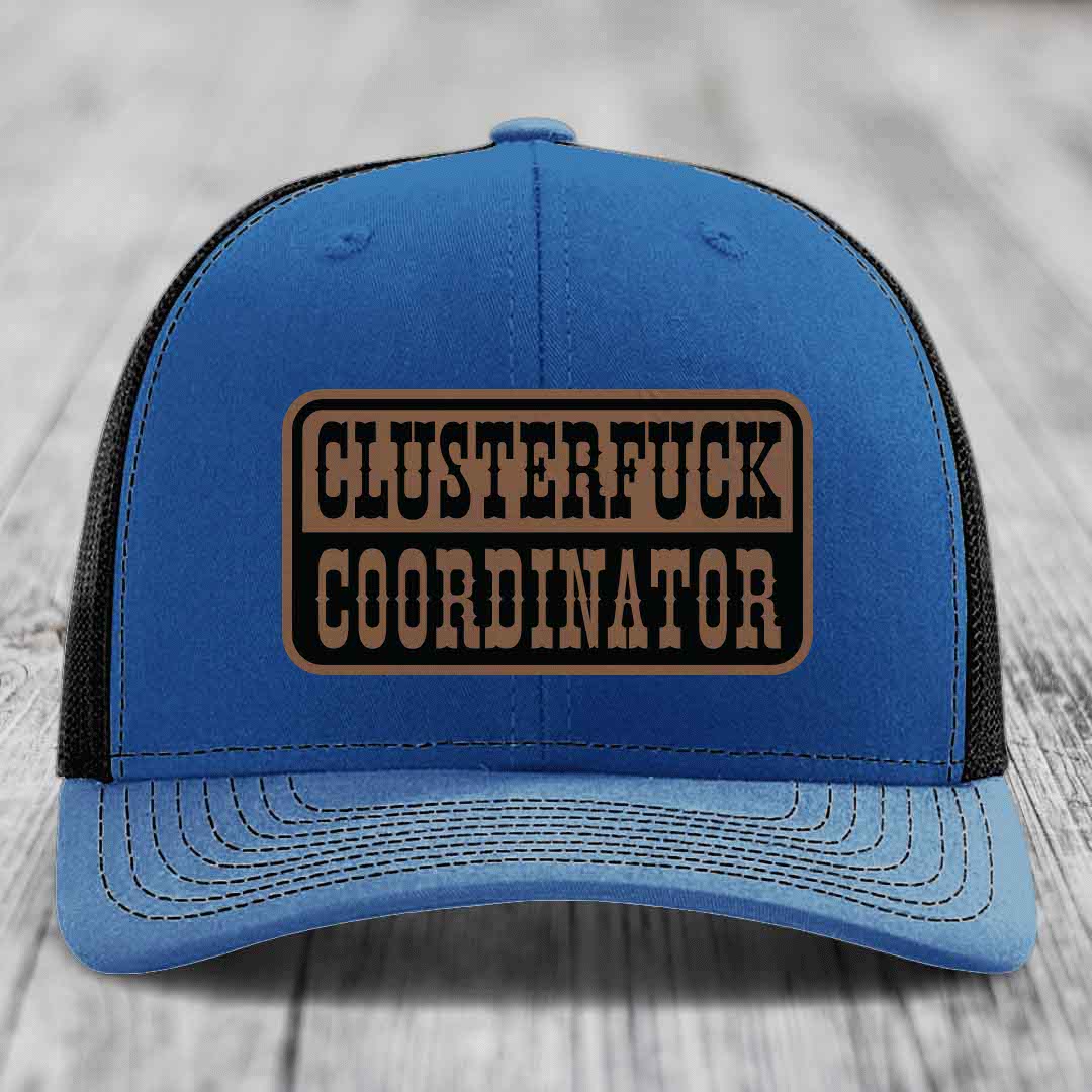 Cluster F*ck Coordinator - Leather Patch Hat - Dark Brown to Black Patch - Richardson 112 Snapback Trucker Hat