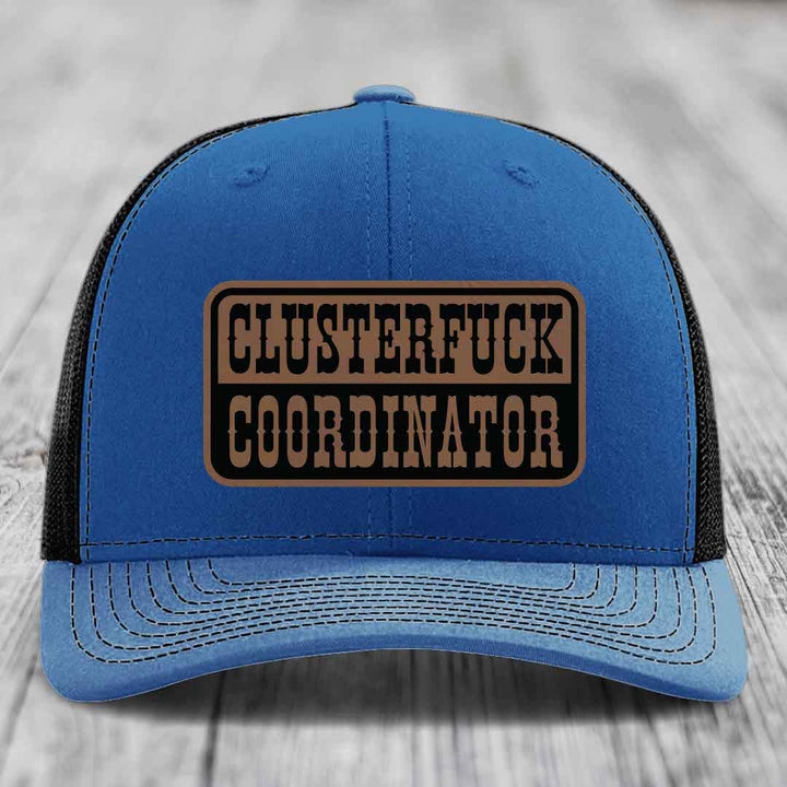 Cluster F*ck Coordinator - Leather Patch Hat - Dark Brown to Black Patch - Richardson 112 Snapback Trucker Hat