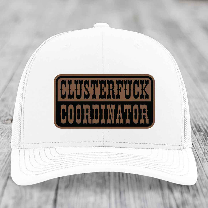 Cluster F*ck Coordinator - Leather Patch Hat - Dark Brown to Black Patch - Richardson 112 Snapback Trucker Hat