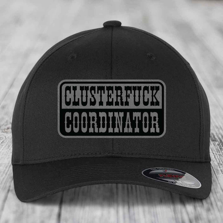 Cluster F*ck Coordinator - Leather Patch Hat - Grey to Black Patch - Flexfit 6277 Fitted Hat