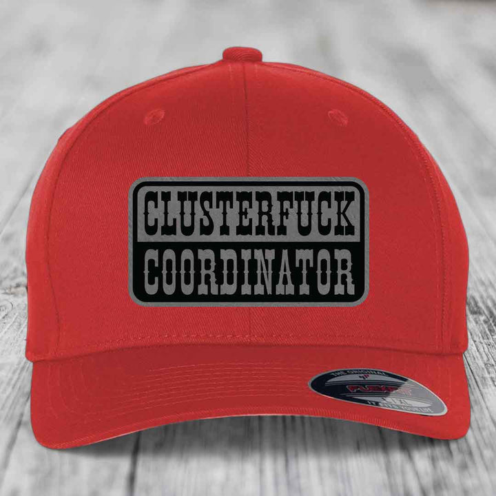 Cluster F*ck Coordinator - Leather Patch Hat - Grey to Black Patch - Flexfit 6277 Fitted Hat