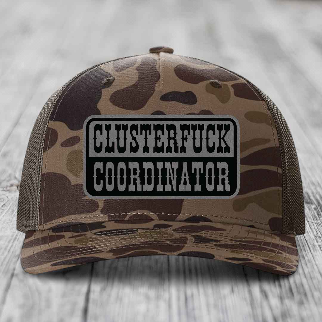 Cluster F*ck Coordinator - Leather Patch Hat - Grey to Black Patch - Richardson 112PFP Snapback Trucker Hat