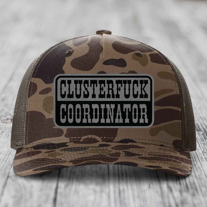 Cluster F*ck Coordinator - Leather Patch Hat - Grey to Black Patch - Richardson 112PFP Snapback Trucker Hat