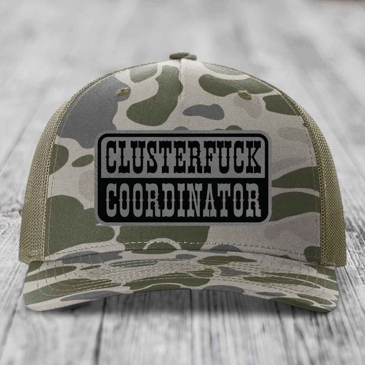 Cluster F*ck Coordinator - Leather Patch Hat - Grey to Black Patch - Richardson 112PFP Snapback Trucker Hat