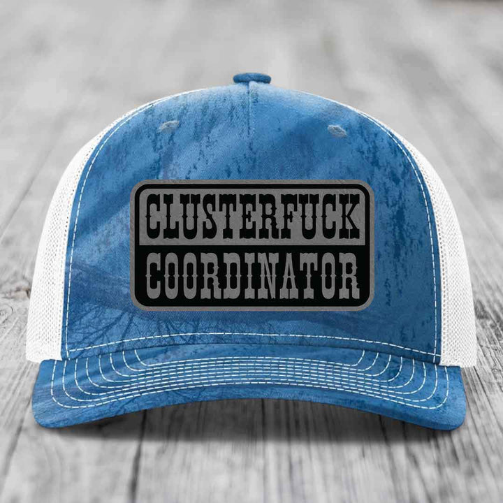 Cluster F*ck Coordinator - Leather Patch Hat - Grey to Black Patch - Richardson 112PFP Snapback Trucker Hat