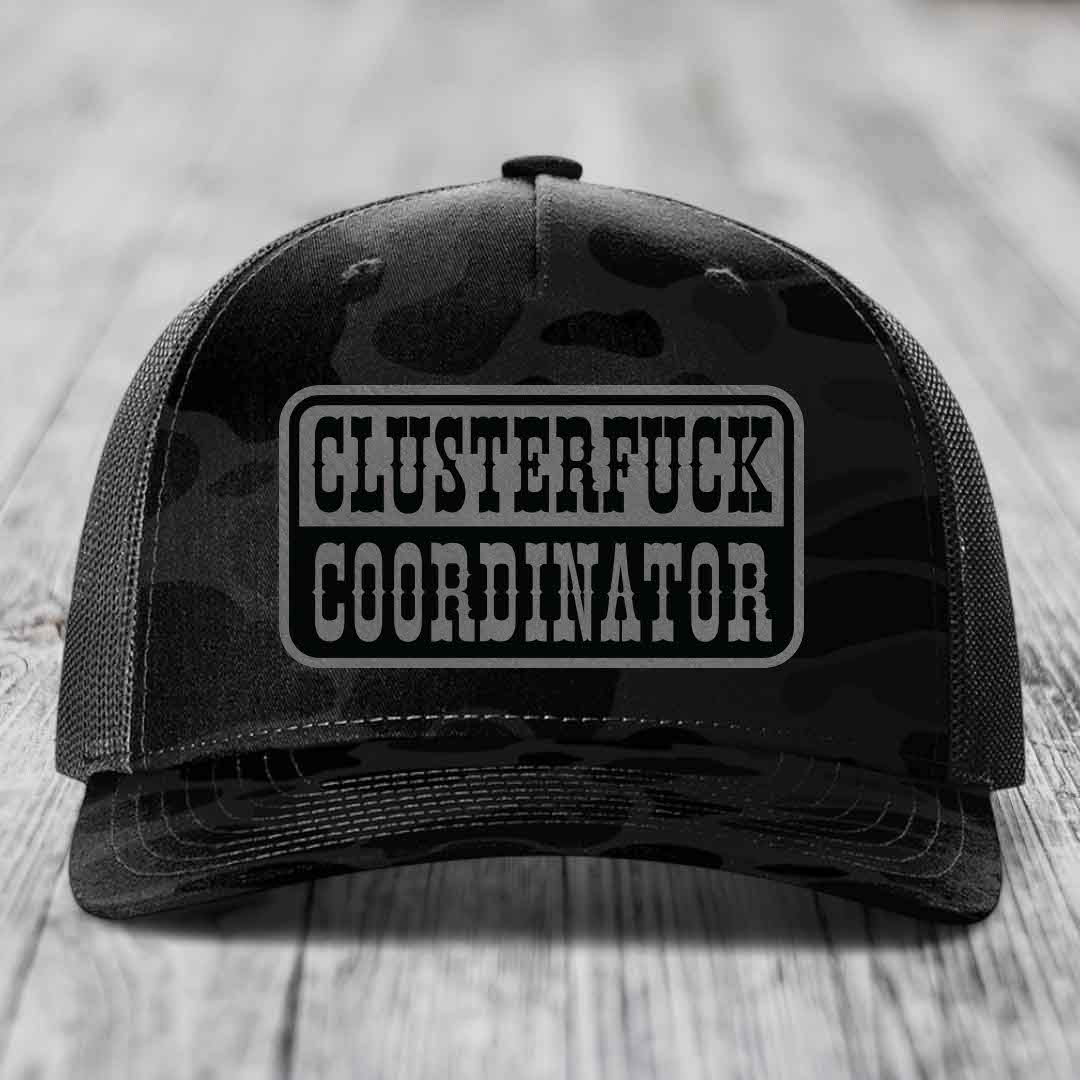Cluster F*ck Coordinator - Leather Patch Hat - Grey to Black Patch - Richardson 112PFP Snapback Trucker Hat