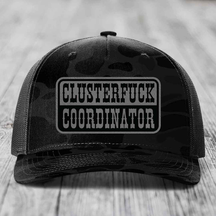 Cluster F*ck Coordinator - Leather Patch Hat - Grey to Black Patch - Richardson 112PFP Snapback Trucker Hat