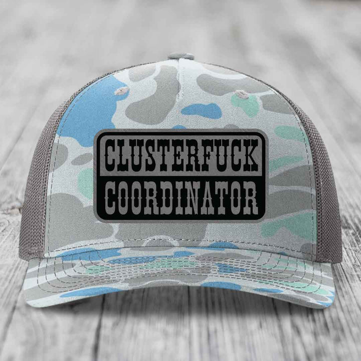 Cluster F*ck Coordinator - Leather Patch Hat - Grey to Black Patch - Richardson 112PFP Snapback Trucker Hat