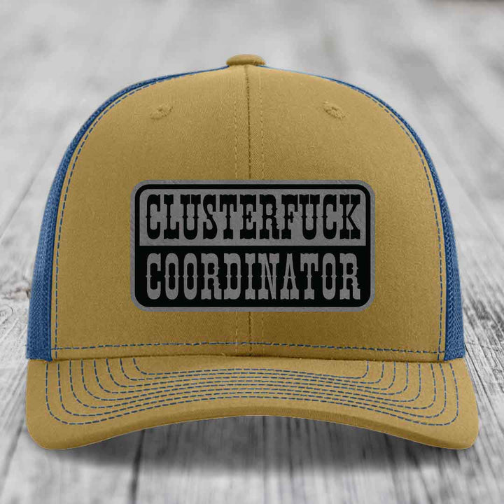 Cluster F*ck Coordinator - Leather Patch Hat - Grey to Black Patch - Richardson 112 Snapback Trucker Hat