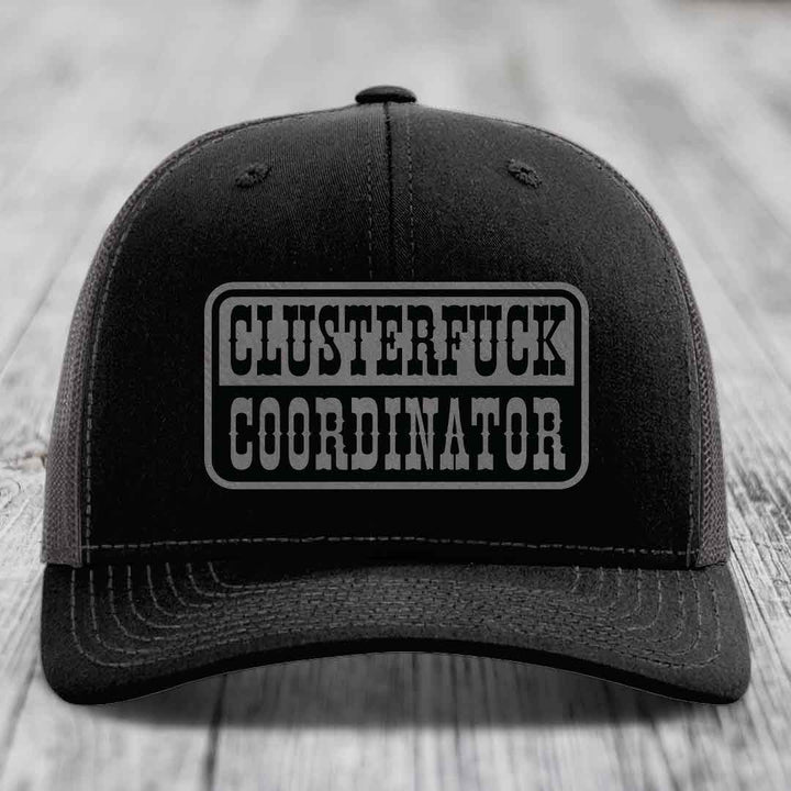 Cluster F*ck Coordinator - Leather Patch Hat - Grey to Black Patch - Richardson 112 Snapback Trucker Hat