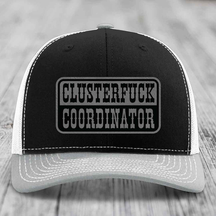 Cluster F*ck Coordinator - Leather Patch Hat - Grey to Black Patch - Richardson 112 Snapback Trucker Hat